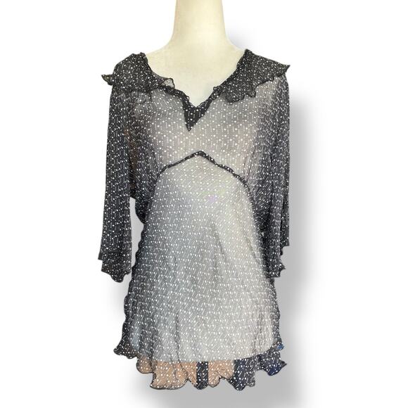 Vintage Y2K Blouse Black Sheer Silk Ruffle Top Polka Dot Lightweight Flowy - Picture 7 of 7